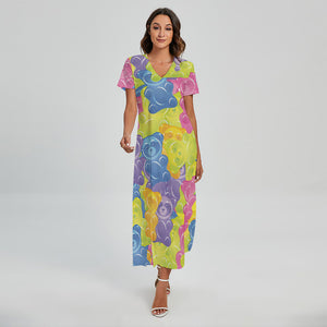 Colorful Gummy Bear Print Short Sleeve Maxi Dress