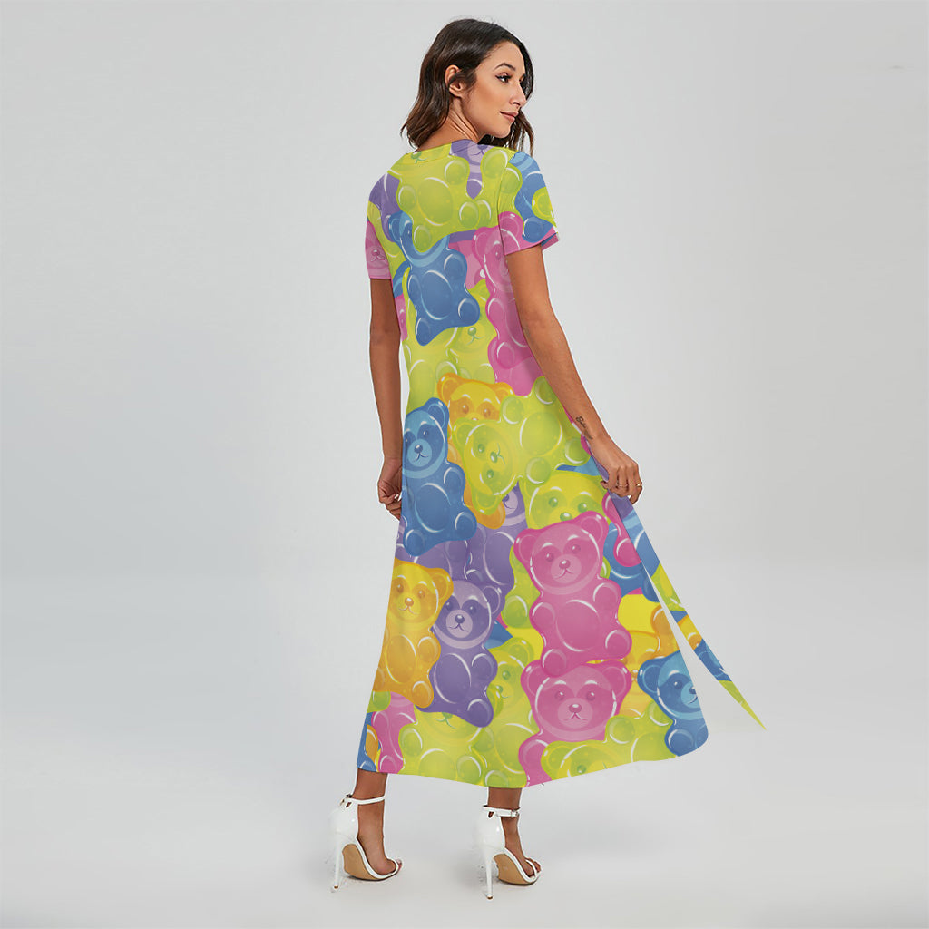 Colorful Gummy Bear Print Short Sleeve Maxi Dress