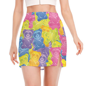 Colorful Gummy Bear Print Side Slit Mini Skirt