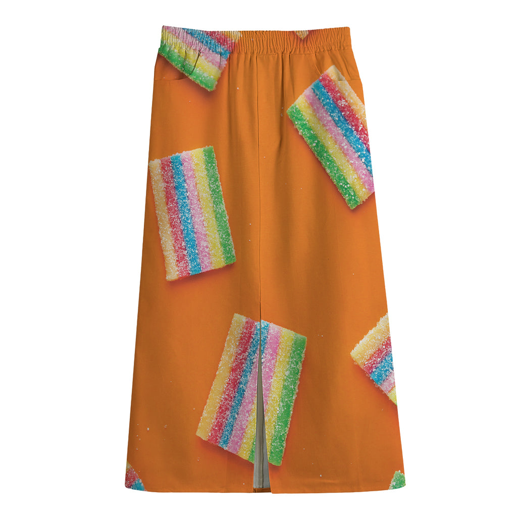 Colorful Gummy Print Cotton Front Slit Maxi Skirt