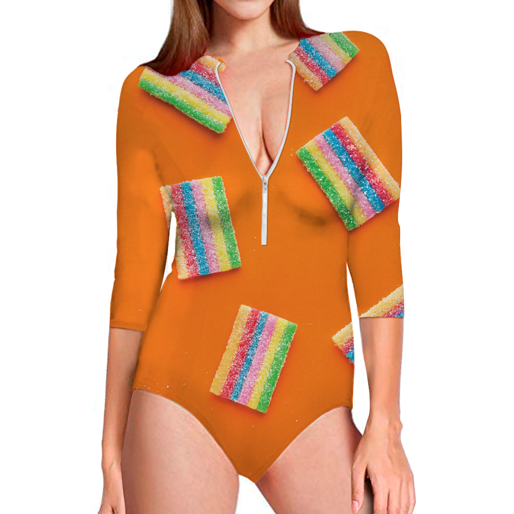 Colorful Gummy Print Long Sleeve Swimsuit