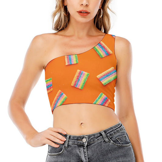 Colorful Gummy Print One Shoulder Crop Top
