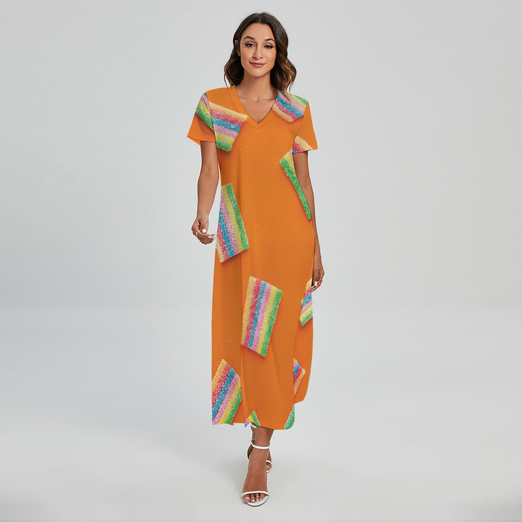 Colorful Gummy Print Short Sleeve Maxi Dress
