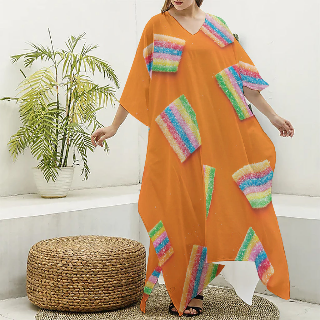 Colorful Gummy Print Silk V-Neck Kaftan Dress