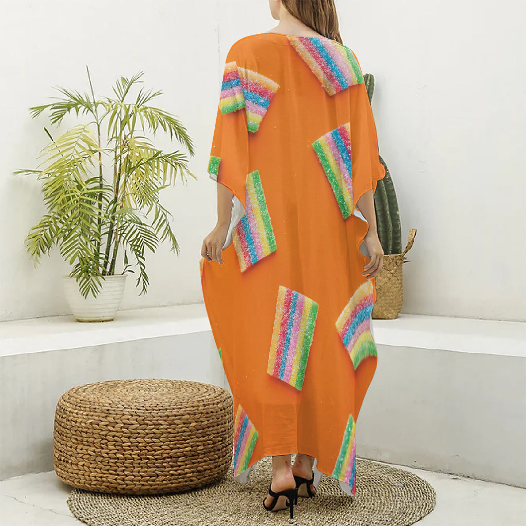 Colorful Gummy Print Silk V-Neck Kaftan Dress