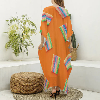 Colorful Gummy Print Silk V-Neck Kaftan Dress