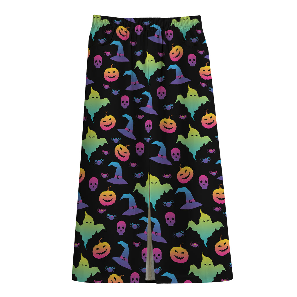 Colorful Halloween Party Pattern Print Cotton Front Slit Maxi Skirt