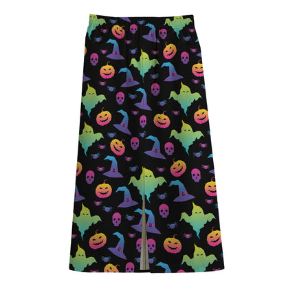Colorful Halloween Party Pattern Print Cotton Front Slit Maxi Skirt