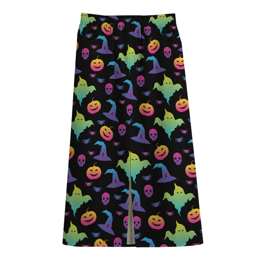 Colorful Halloween Party Pattern Print Cotton Front Slit Maxi Skirt