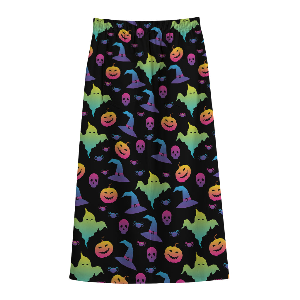 Colorful Halloween Party Pattern Print Cotton Front Slit Maxi Skirt