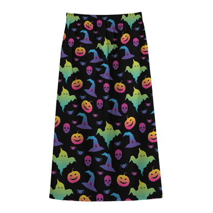Colorful Halloween Party Pattern Print Cotton Front Slit Maxi Skirt