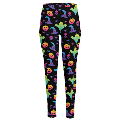 Colorful Halloween Party Pattern Print High-Waisted Pocket Leggings