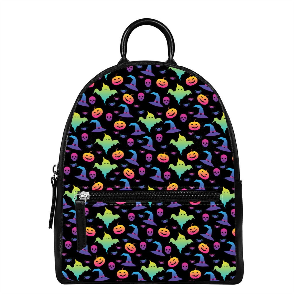 Colorful Halloween Party Pattern Print Leather Backpack