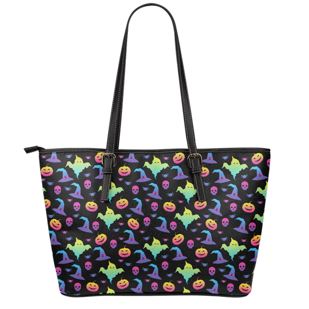Colorful Halloween Party Pattern Print Leather Tote Bag