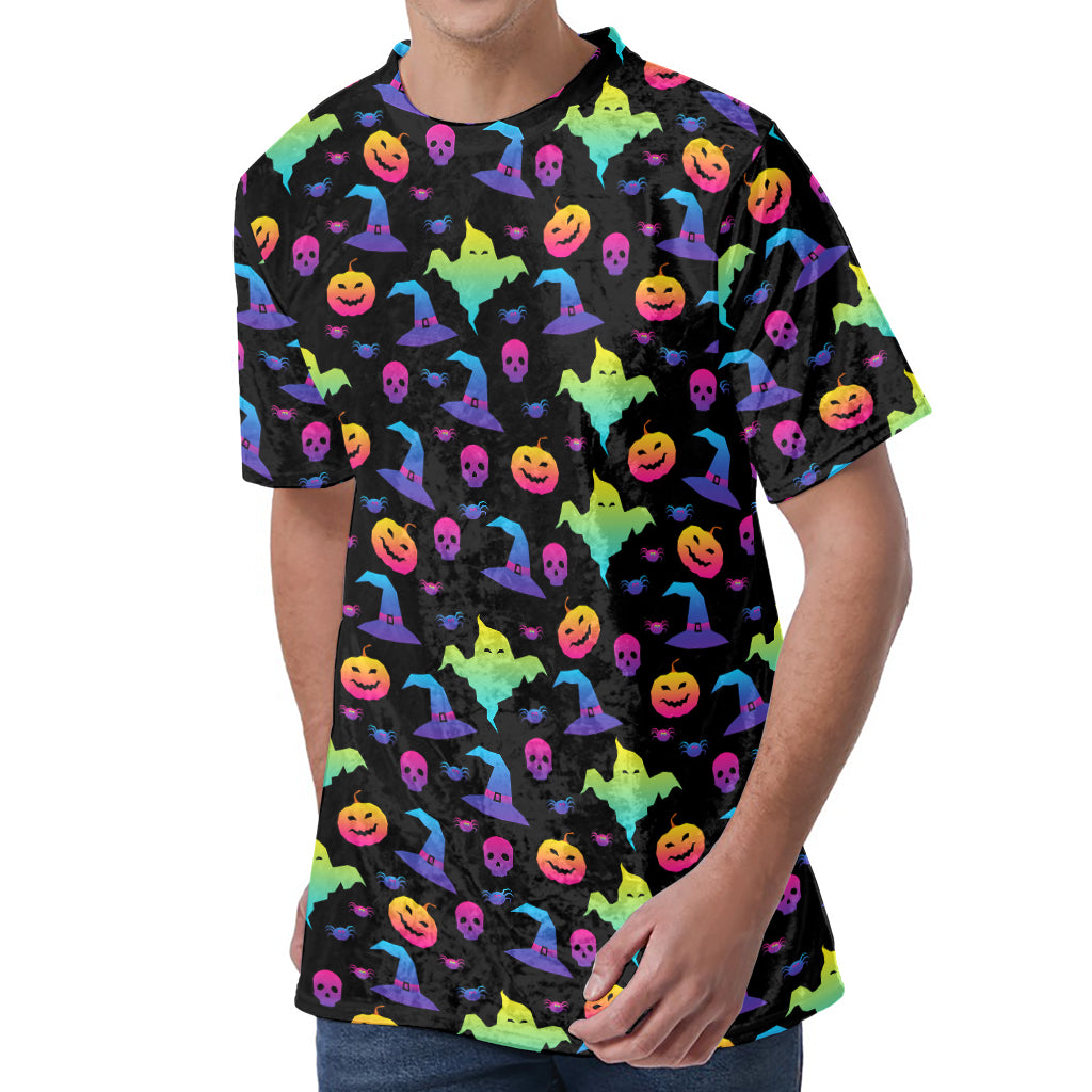 Colorful Halloween Party Pattern Print Men's Velvet T-Shirt