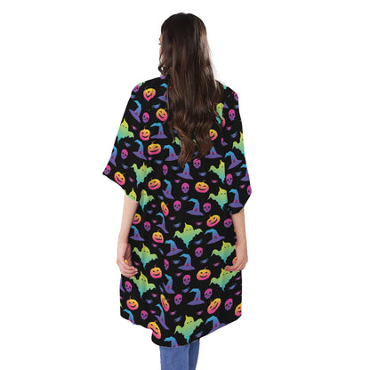 Colorful Halloween Party Pattern Print Open Front Beach Cover Up