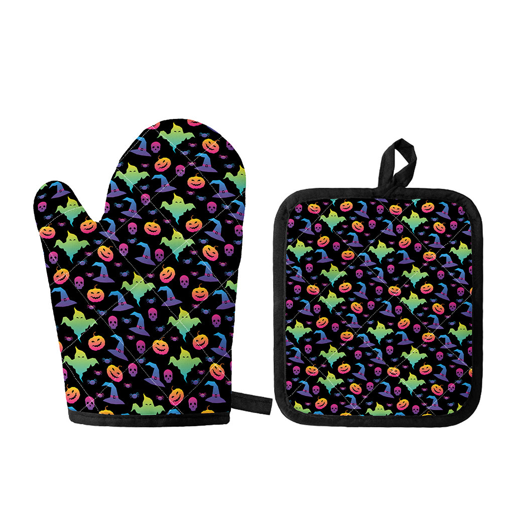 Colorful Halloween Party Pattern Print Oven Mitt And Pot Holder Set