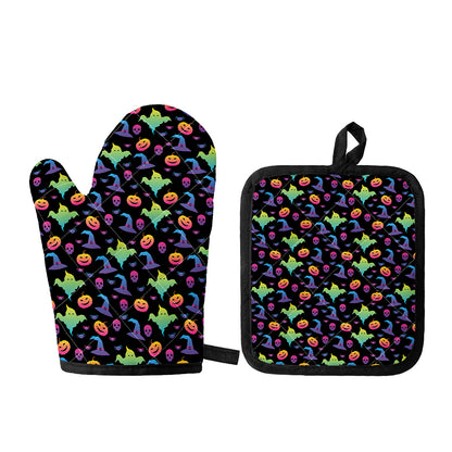 Colorful Halloween Party Pattern Print Oven Mitt And Pot Holder Set