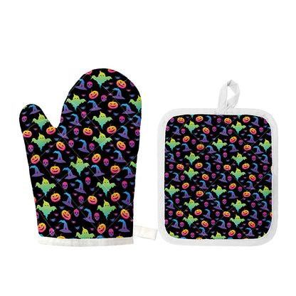 Colorful Halloween Party Pattern Print Oven Mitt And Pot Holder Set