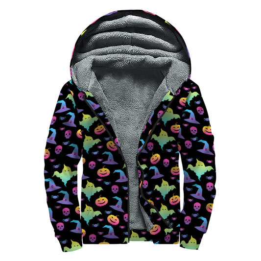 Colorful Halloween Party Pattern Print Sherpa Lined Zip Up Hoodie
