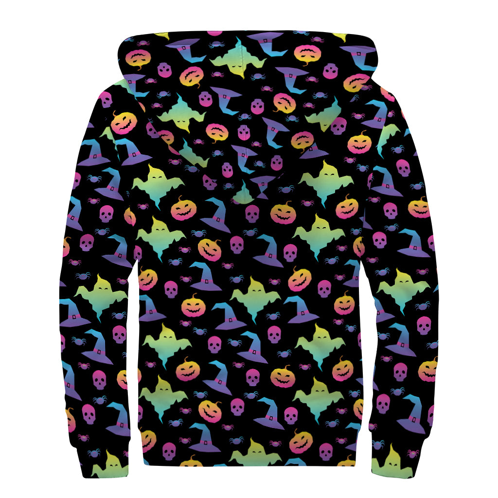 Colorful Halloween Party Pattern Print Sherpa Lined Zip Up Hoodie