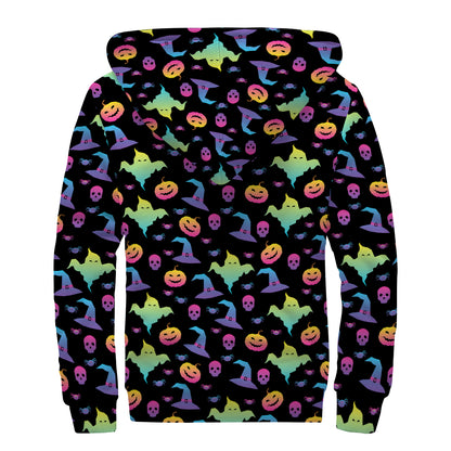 Colorful Halloween Party Pattern Print Sherpa Lined Zip Up Hoodie