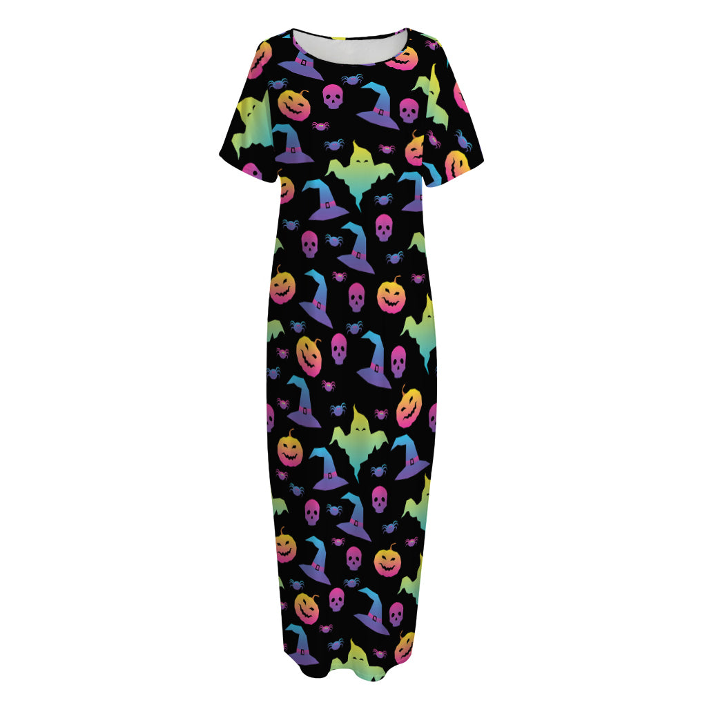 Colorful Halloween Party Pattern Print Short Sleeve Long Nightdress