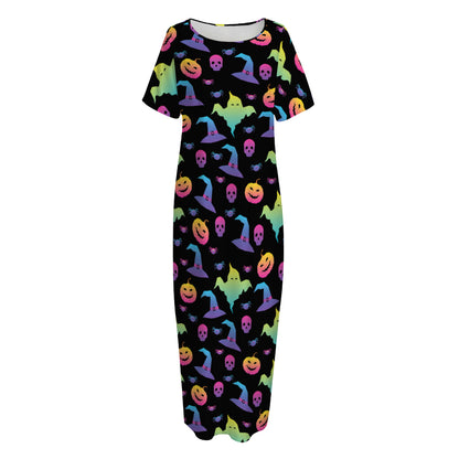 Colorful Halloween Party Pattern Print Short Sleeve Long Nightdress