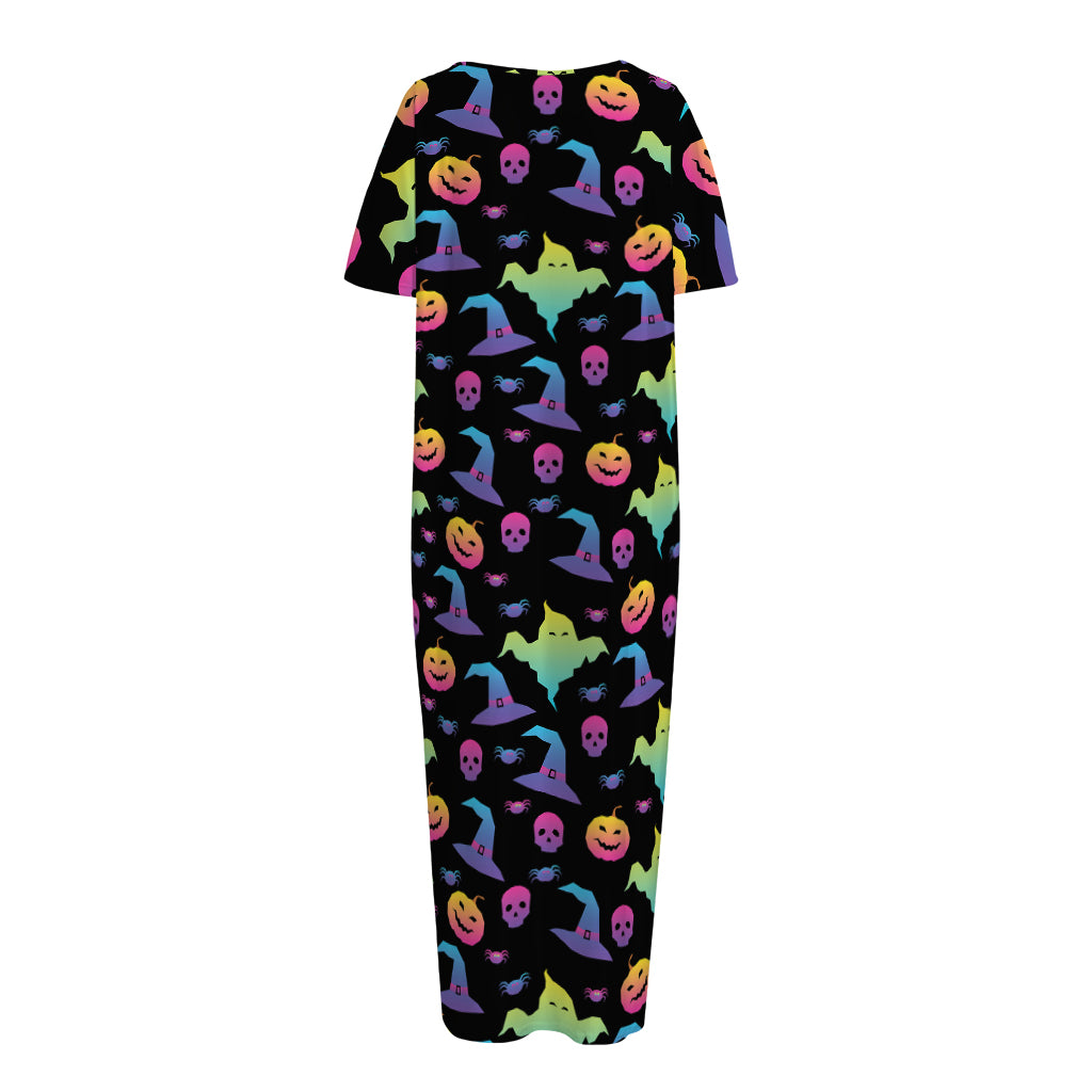 Colorful Halloween Party Pattern Print Short Sleeve Long Nightdress