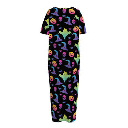 Colorful Halloween Party Pattern Print Short Sleeve Long Nightdress
