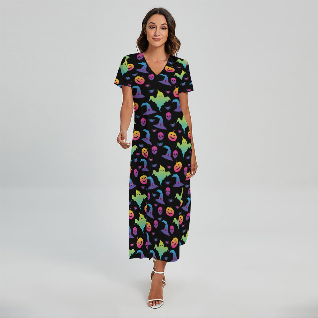 Colorful Halloween Party Pattern Print Short Sleeve Maxi Dress