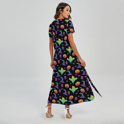 Colorful Halloween Party Pattern Print Short Sleeve Maxi Dress