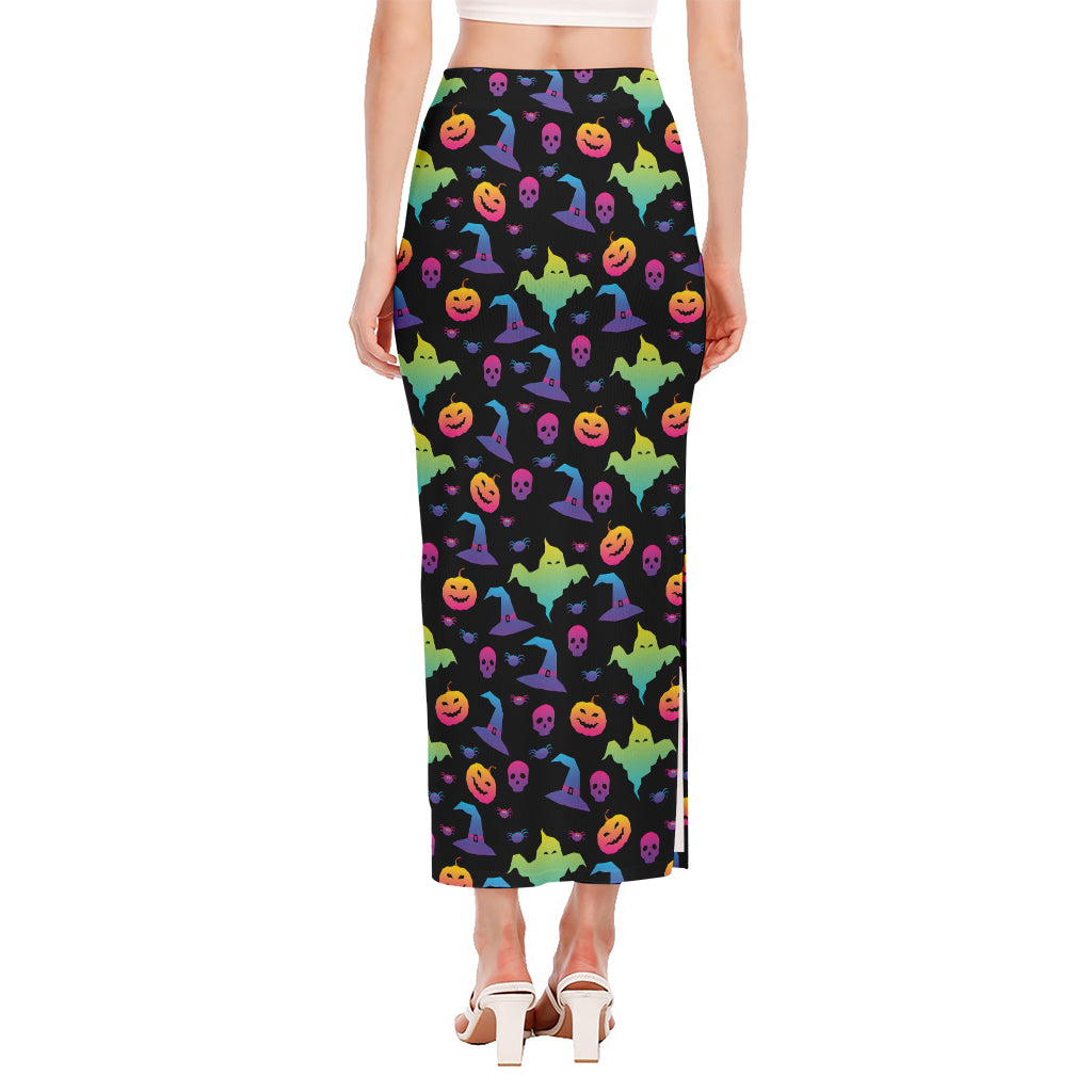 Colorful Halloween Party Pattern Print Side Slit Maxi Skirt