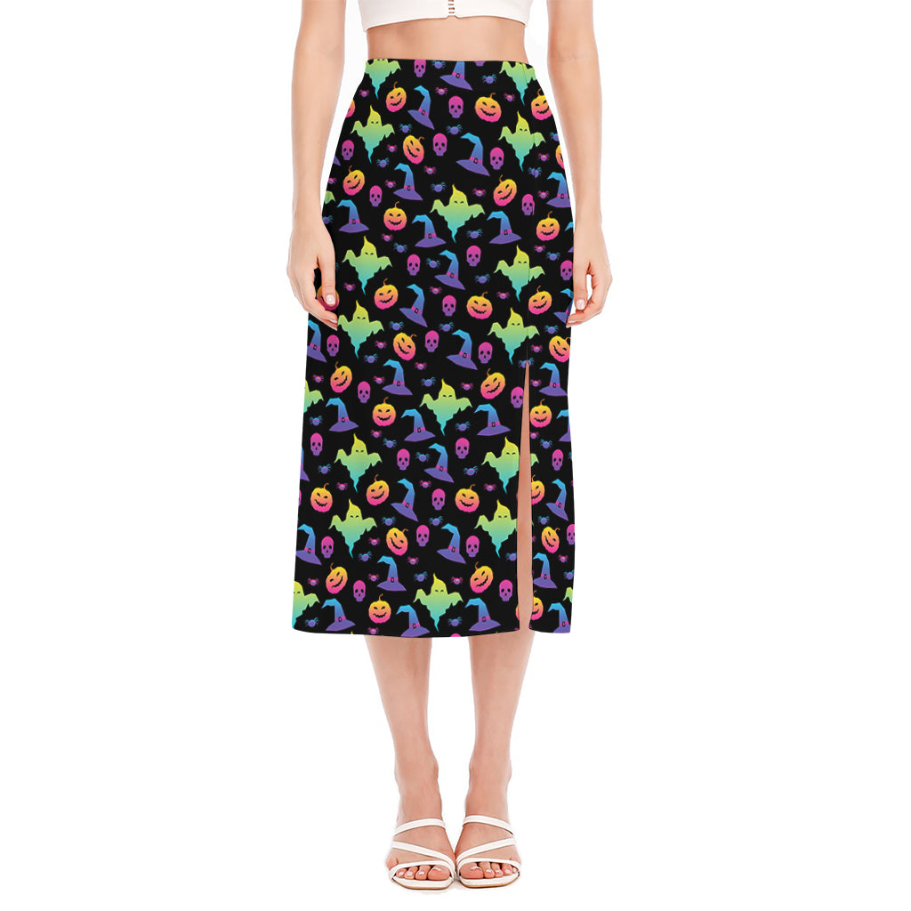 Colorful Halloween Party Pattern Print Side Slit Midi Skirt