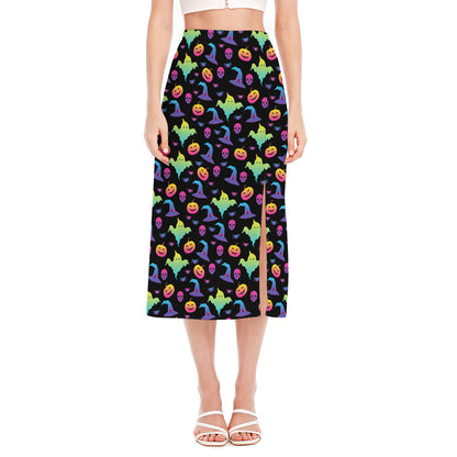 Colorful Halloween Party Pattern Print Side Slit Midi Skirt