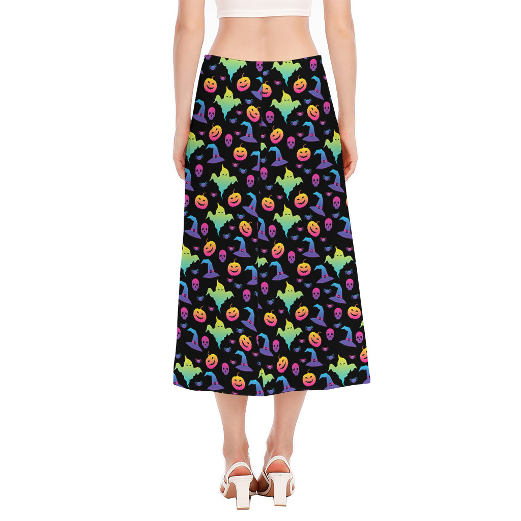 Colorful Halloween Party Pattern Print Side Slit Midi Skirt