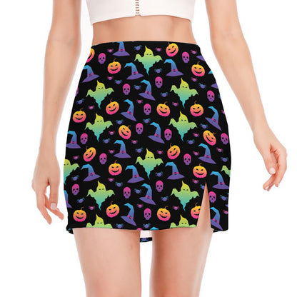 Colorful Halloween Party Pattern Print Side Slit Mini Skirt