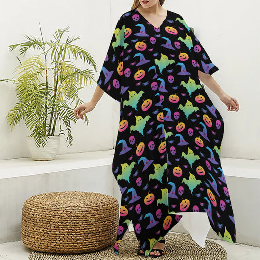 Colorful Halloween Party Pattern Print Silk V-Neck Kaftan Dress