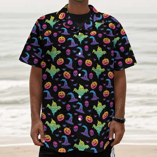 Colorful Halloween Party Pattern Print Textured Short Sleeve Shirt