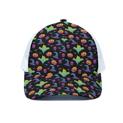 Colorful Halloween Party Pattern Print White Mesh Trucker Cap