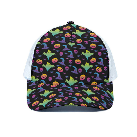 Colorful Halloween Party Pattern Print White Mesh Trucker Cap