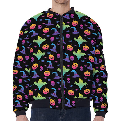 Colorful Halloween Party Pattern Print Zip Sleeve Bomber Jacket