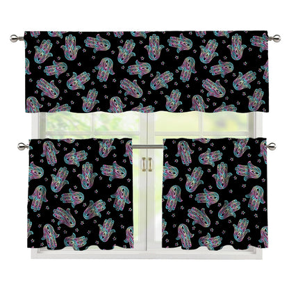 Colorful Hamsa Hand Print 3 Piece Kitchen Curtains