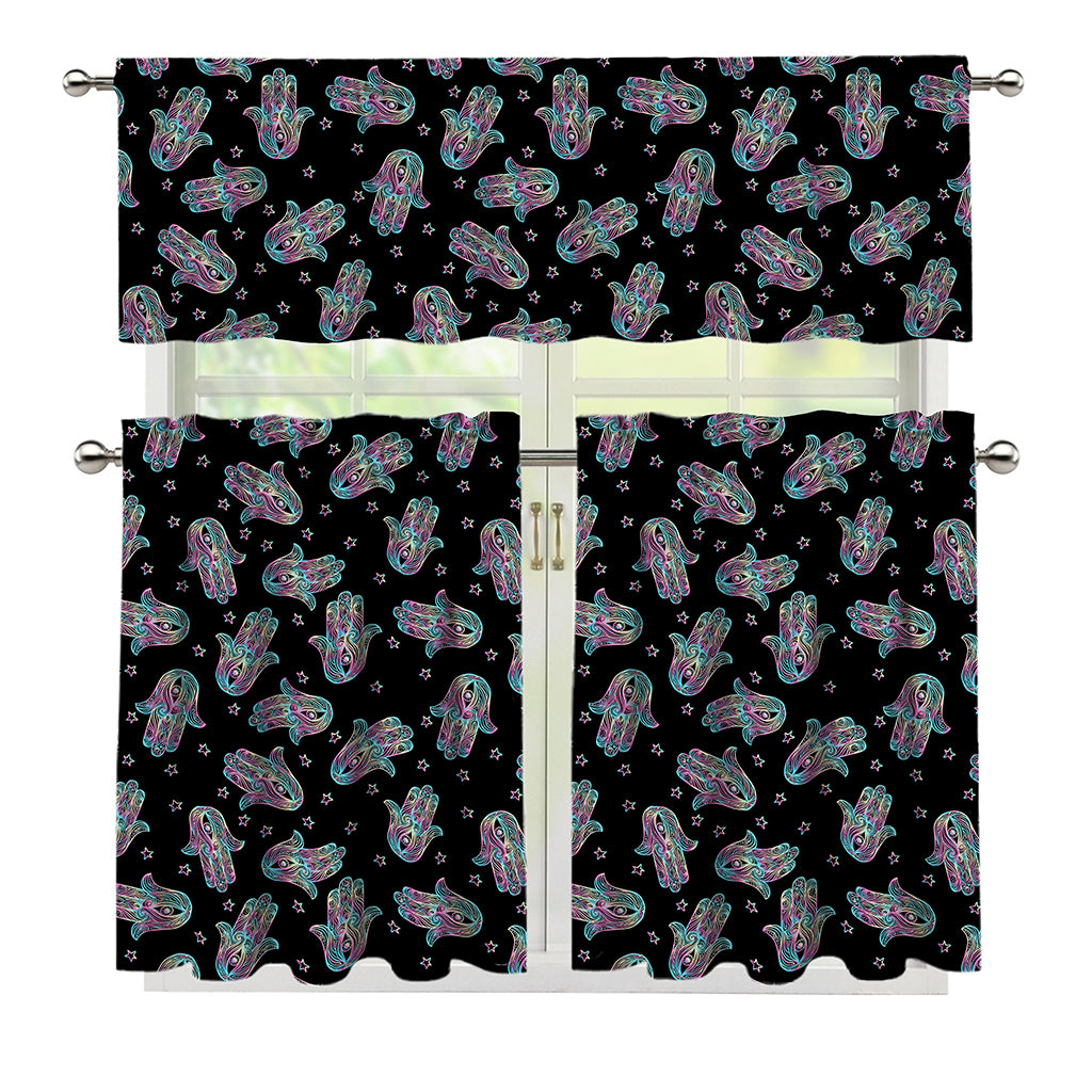 Colorful Hamsa Hand Print 3 Piece Kitchen Curtains