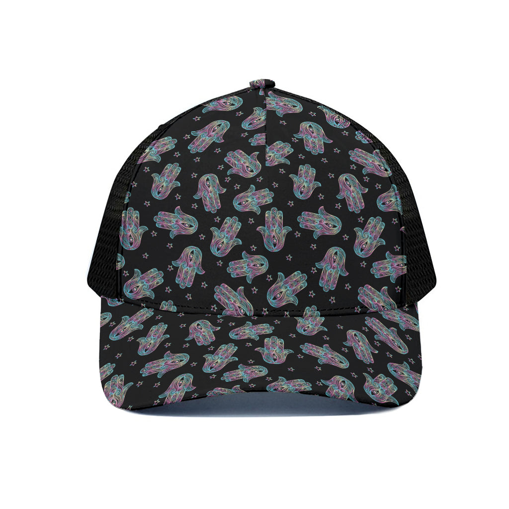Colorful Hamsa Hand Print Black Mesh Trucker Cap
