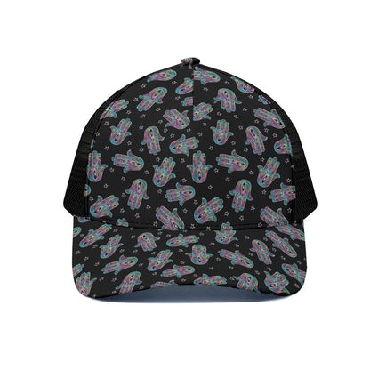 Colorful Hamsa Hand Print Black Mesh Trucker Cap