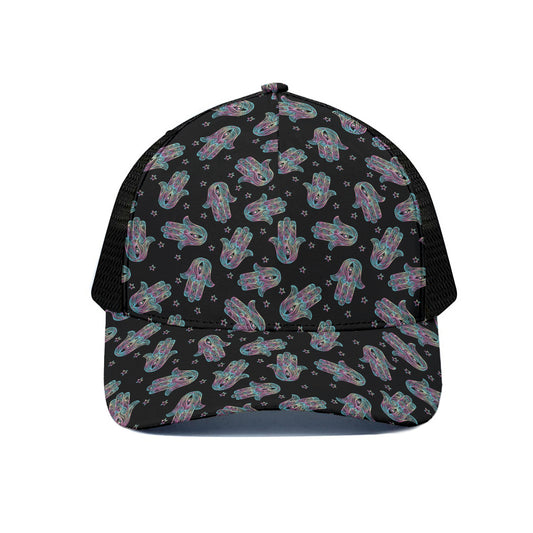 Colorful Hamsa Hand Print Black Mesh Trucker Cap