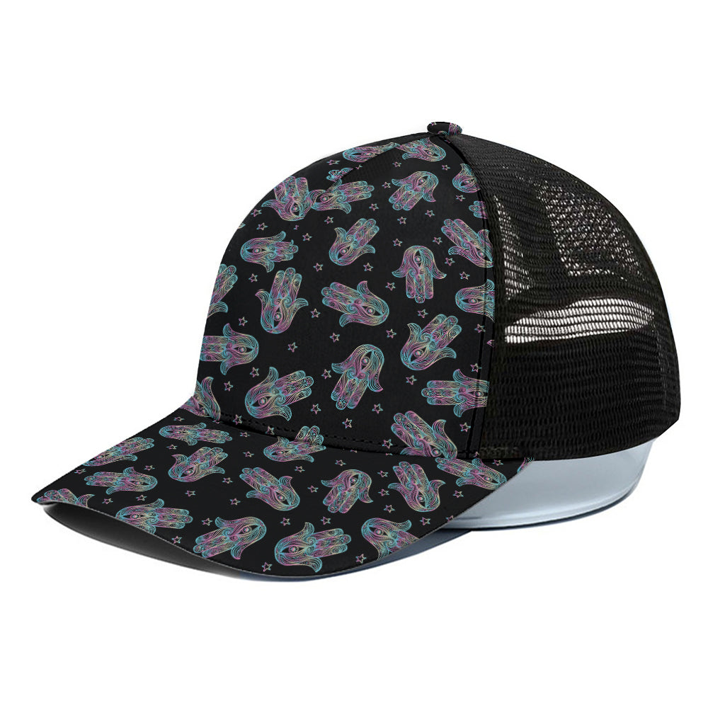 Colorful Hamsa Hand Print Black Mesh Trucker Cap