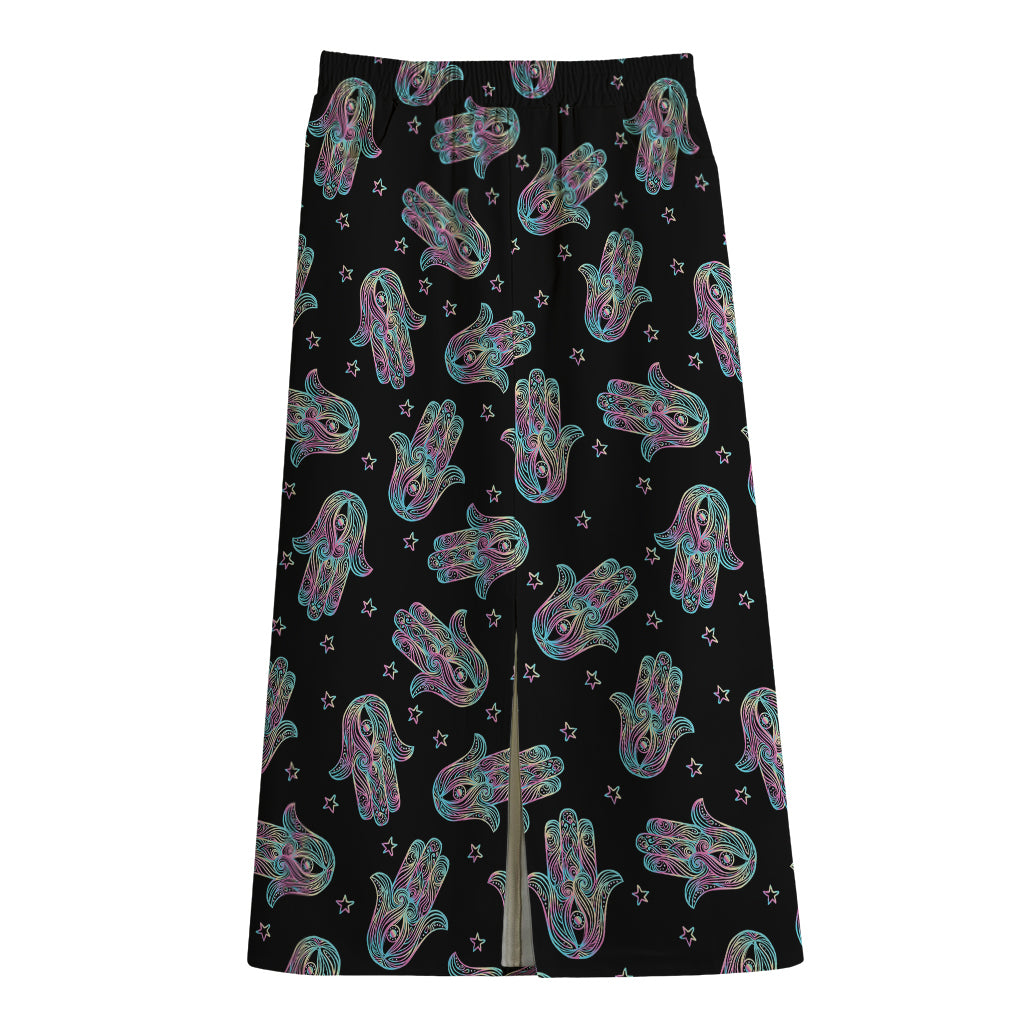 Colorful Hamsa Hand Print Cotton Front Slit Maxi Skirt