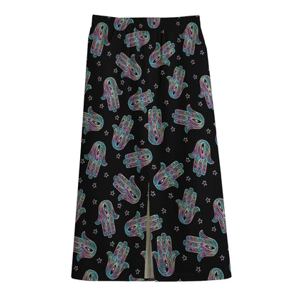 Colorful Hamsa Hand Print Cotton Front Slit Maxi Skirt